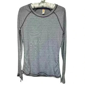 Lucy Athletic Shirt Top Gray Purple Striped Long Sleeve Ruched Hem Thumb Holes M